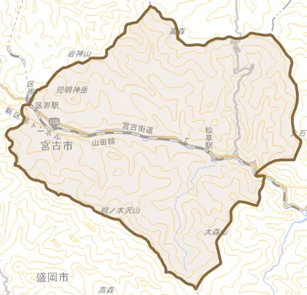 田代とその周辺の地図。町の範囲を重ねている