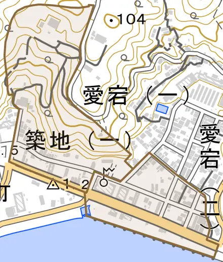 築地とその周辺の地図。町の範囲を重ねている