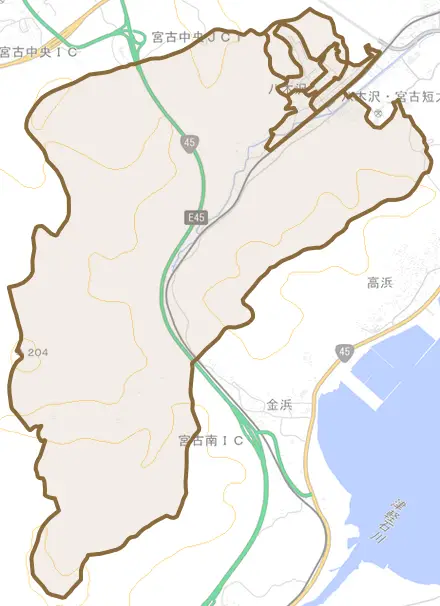 八木沢とその周辺の地図。町の範囲を重ねている
