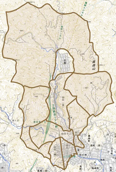 山口とその周辺の地図。町の範囲を重ねている