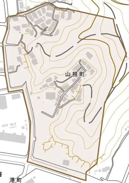 山根町とその周辺の地図。町の範囲を重ねている