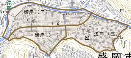 浅岸とその周辺の地図。町の範囲を重ねている