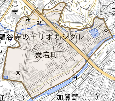 愛宕町とその周辺の地図。町の範囲を重ねている