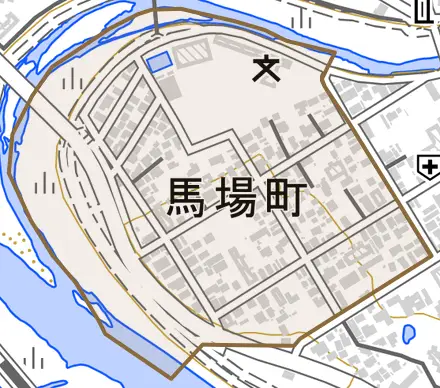 馬場町とその周辺の地図。町の範囲を重ねている