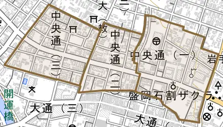 中央通とその周辺の地図。町の範囲を重ねている