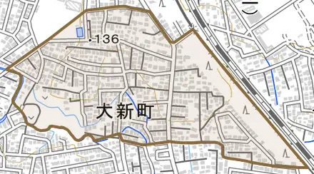 大新町とその周辺の地図。町の範囲を重ねている