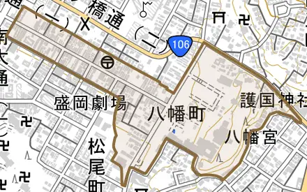 八幡町とその周辺の地図。町の範囲を重ねている