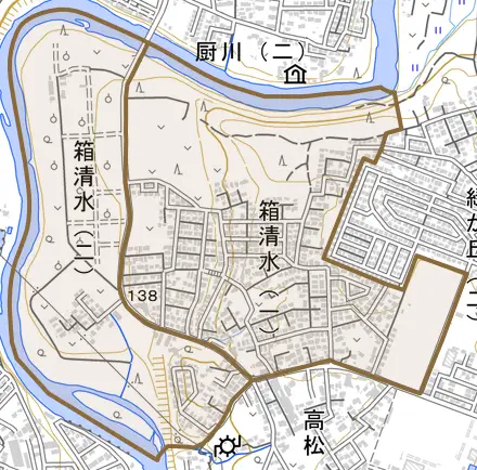 箱清水とその周辺の地図。町の範囲を重ねている