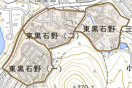 東黒石野とその周辺の地図。町の範囲を重ねている