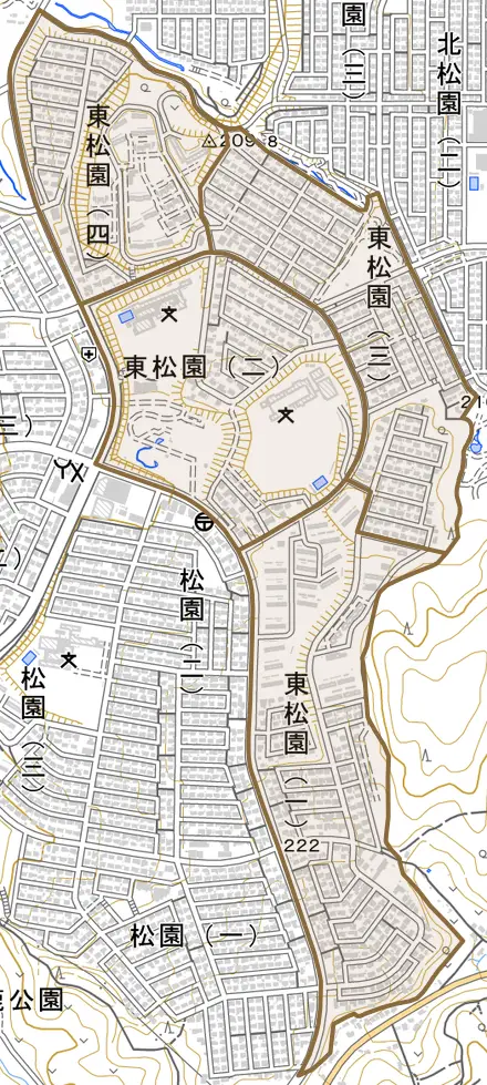 東松園とその周辺の地図。町の範囲を重ねている