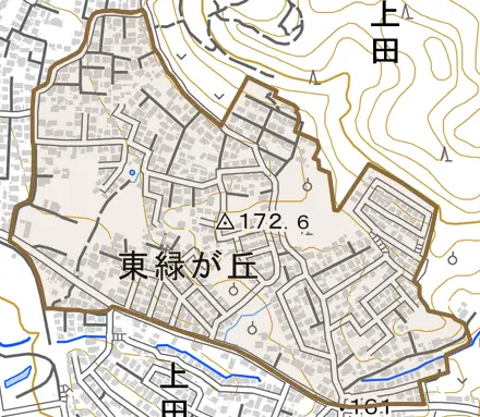 東緑が丘とその周辺の地図。町の範囲を重ねている