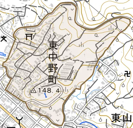 東中野町とその周辺の地図。町の範囲を重ねている