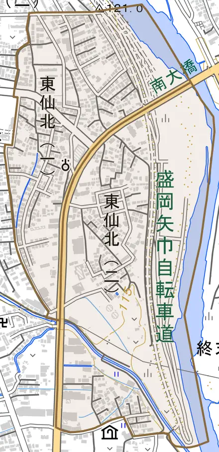 東仙北とその周辺の地図。町の範囲を重ねている