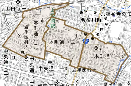 本町通とその周辺の地図。町の範囲を重ねている