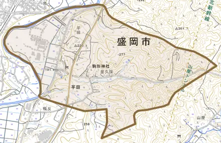 芋田とその周辺の地図。町の範囲を重ねている