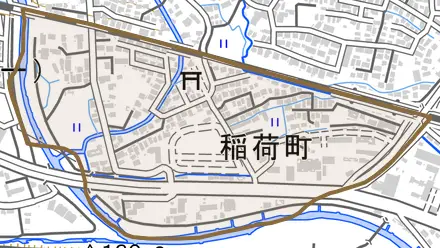 稲荷町とその周辺の地図。町の範囲を重ねている