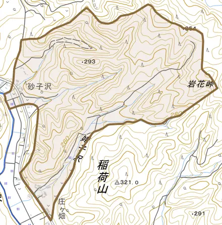 砂子沢とその周辺の地図。町の範囲を重ねている