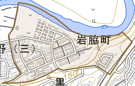 岩脇町とその周辺の地図。町の範囲を重ねている
