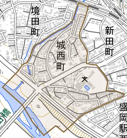 城西町とその周辺の地図。町の範囲を重ねている