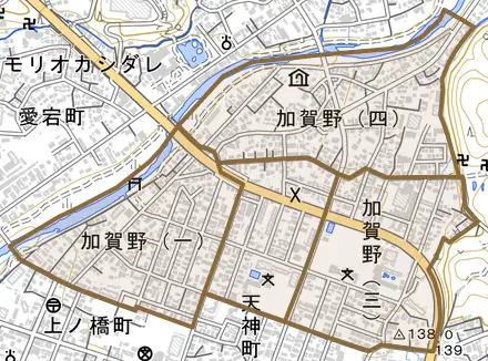 加賀野とその周辺の地図。町の範囲を重ねている