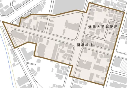 開運橋通とその周辺の地図。町の範囲を重ねている