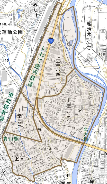 上堂とその周辺の地図。町の範囲を重ねている