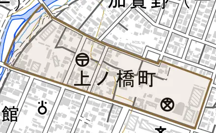 上ノ橋町とその周辺の地図。町の範囲を重ねている
