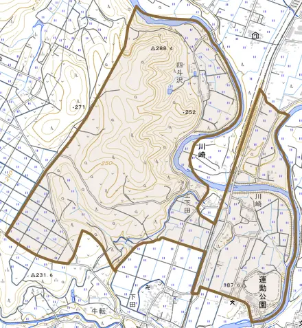 川崎とその周辺の地図。町の範囲を重ねている