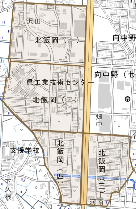 北飯岡とその周辺の地図。町の範囲を重ねている