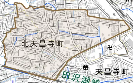 北天昌寺町とその周辺の地図。町の範囲を重ねている