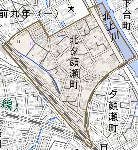 北夕顔瀬町とその周辺の地図。町の範囲を重ねている