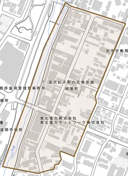 紺屋町とその周辺の地図。町の範囲を重ねている