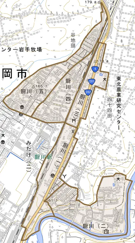 厨川とその周辺の地図。町の範囲を重ねている
