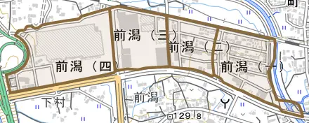 前潟とその周辺の地図。町の範囲を重ねている