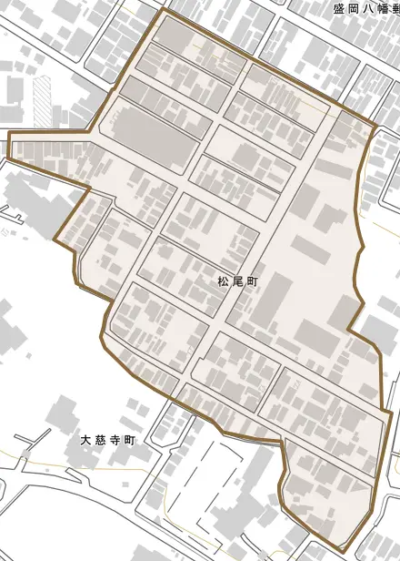 松尾町とその周辺の地図。町の範囲を重ねている