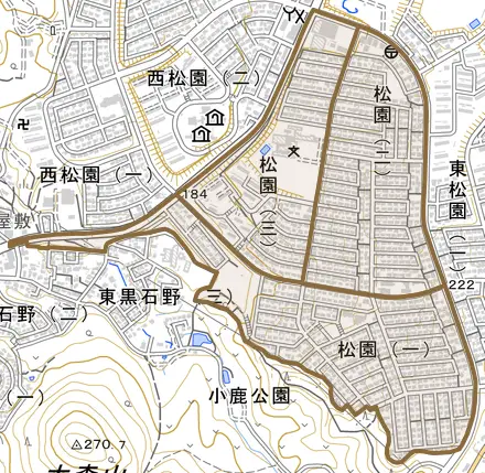 松園とその周辺の地図。町の範囲を重ねている