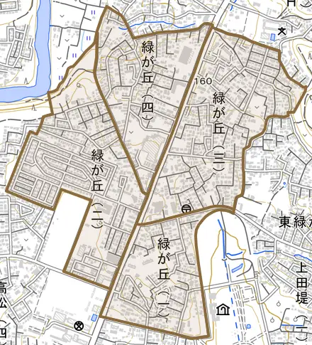 緑が丘とその周辺の地図。町の範囲を重ねている