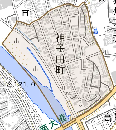 神子田町とその周辺の地図。町の範囲を重ねている