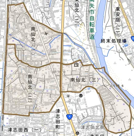 南仙北とその周辺の地図。町の範囲を重ねている
