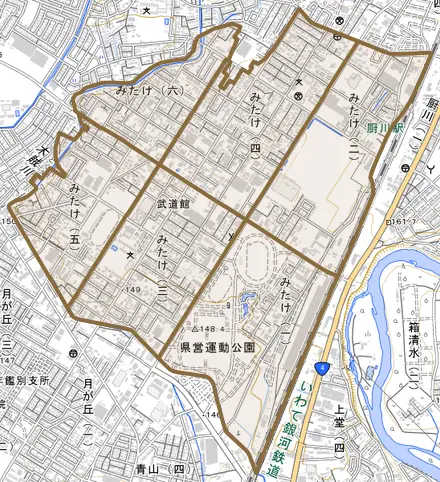 みたけとその周辺の地図。町の範囲を重ねている