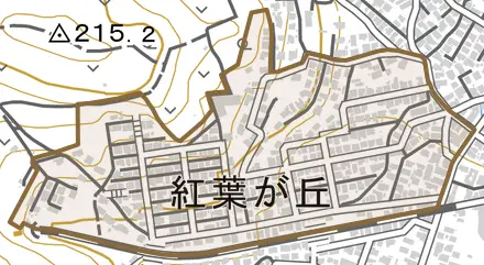 紅葉が丘とその周辺の地図。町の範囲を重ねている