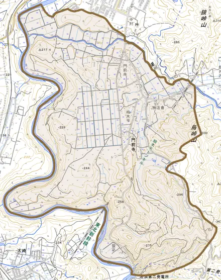 門前寺とその周辺の地図。町の範囲を重ねている