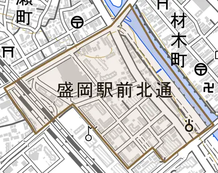 盛岡駅前北通とその周辺の地図。町の範囲を重ねている