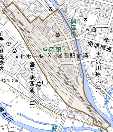 盛岡駅前通とその周辺の地図。町の範囲を重ねている