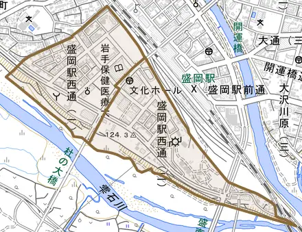 盛岡駅西通とその周辺の地図。町の範囲を重ねている