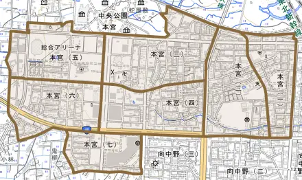 本宮とその周辺の地図。町の範囲を重ねている