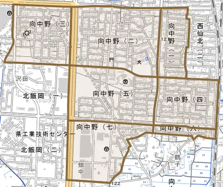 向中野とその周辺の地図。町の範囲を重ねている