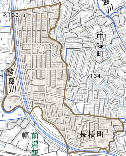 長橋町とその周辺の地図。町の範囲を重ねている