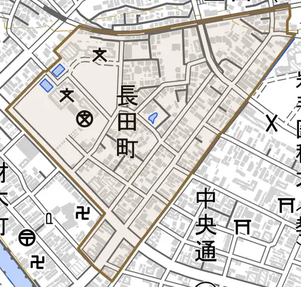 長田町とその周辺の地図。町の範囲を重ねている