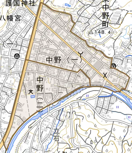 中野とその周辺の地図。町の範囲を重ねている